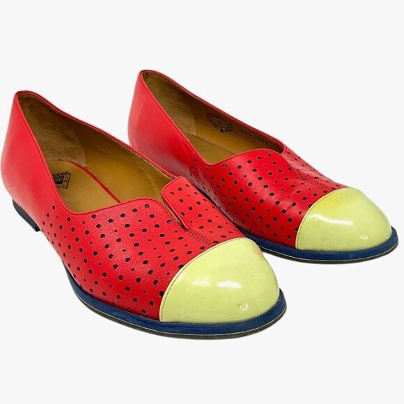 John Fluevog Sue Flat Shoes Patent Toe Cap US Size 6 Red Yellow Perforated - Picture 1 of 13